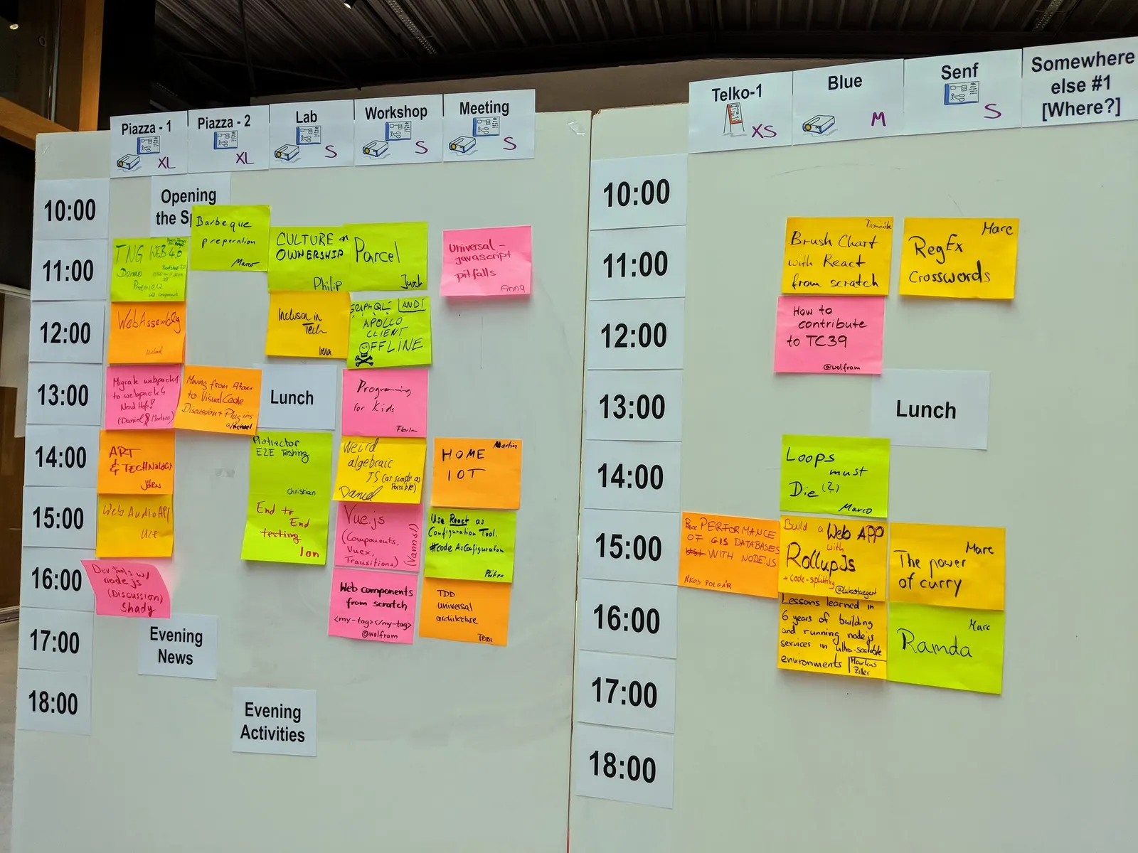 Session plan made of colourful sticky notes on two boards