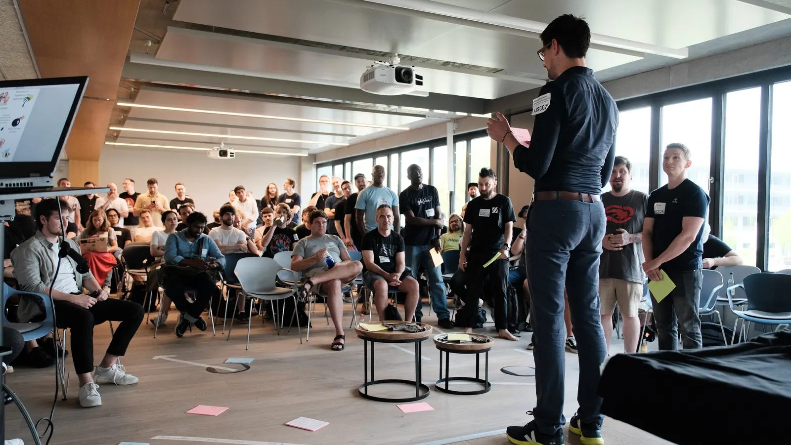 Opening in front of a packed room
