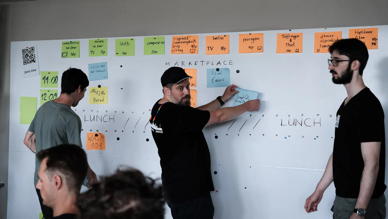 Organizers and participants arranging sessions on the marketplace board