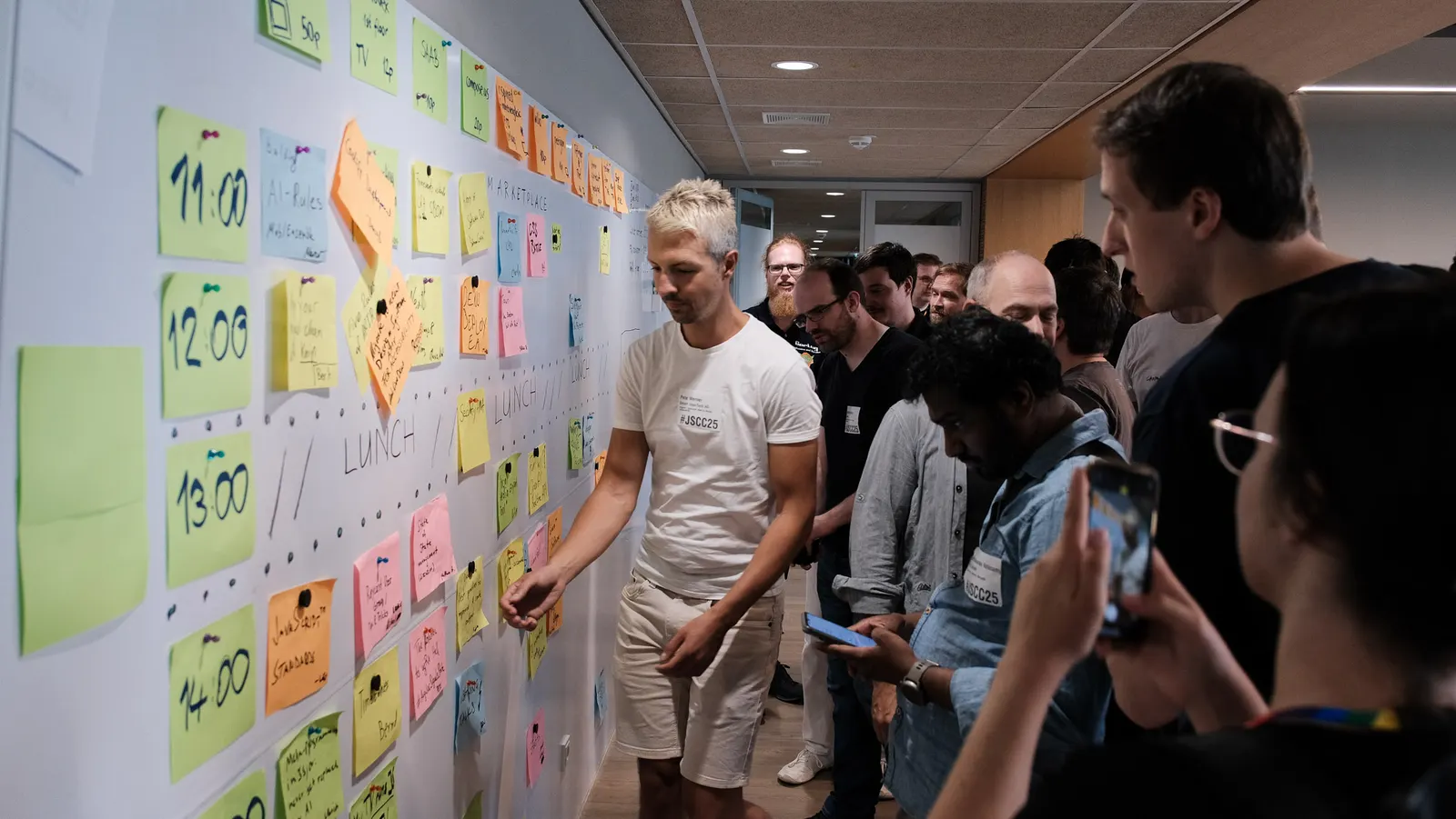 Participants in front of the session wall covered in colourful sticky notes